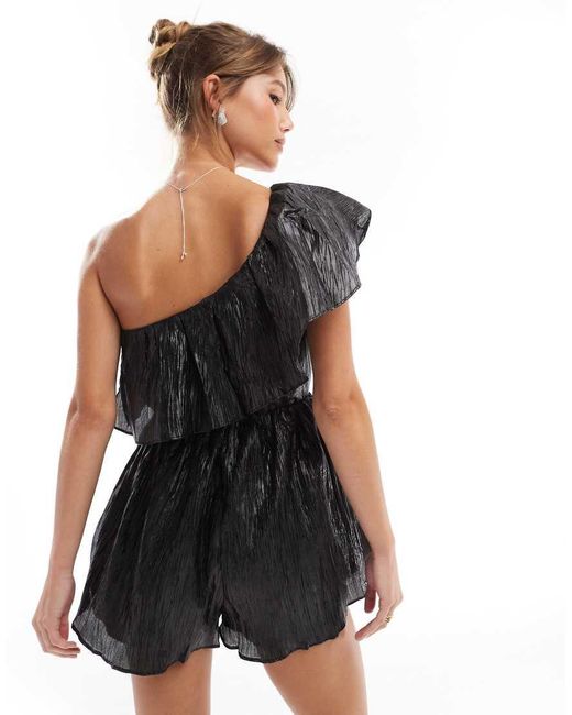 Collective The Label Black One Shoulder Ruffle Playsuit