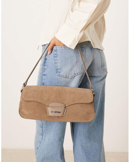 Mango Natural Leather Contrast Stitch Shoulder Bag