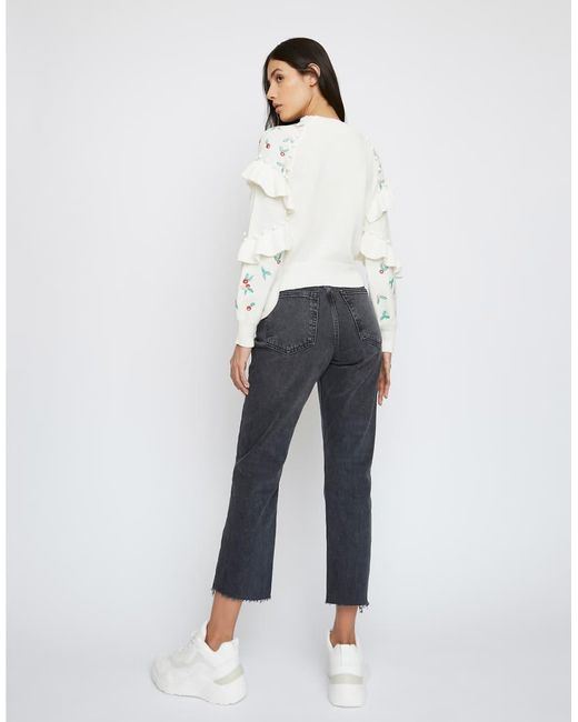 Glamorous White Ruffle Mini-Floral Long Sleeve Jumper