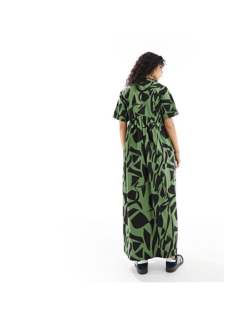 ASOS Green Smock Midi Shirt Dress With Revere Collar