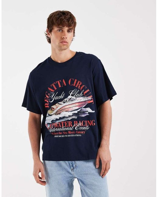Jack & Jones Blue Oversized T-shirt With Boats Print for men