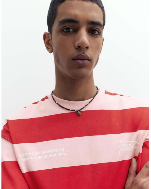 Pull&Bear Red Striped Short Sleeve T-Shirt for men