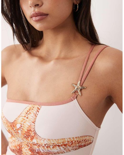 South Beach Pink Asymmetric Shell Print Swimsuit