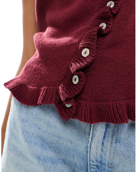 ASOS Red Knitted Tank Top With Irregular Placket And Ruffle Edge