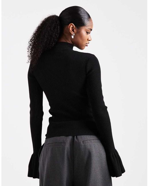 The Frolic Black Exclusive Ribbed Knit Pearl Detail Flare Sleeve Jumper