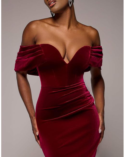 Goddiva Red Off The Shoulder Deep Plunge Velvet Maxi Dress