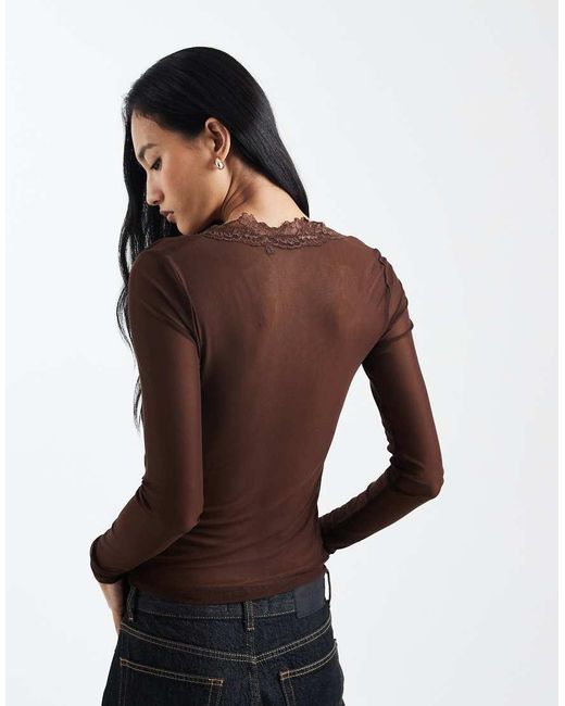 ASOS Black Mesh Lace Trim Plunge Long Sleeve Top