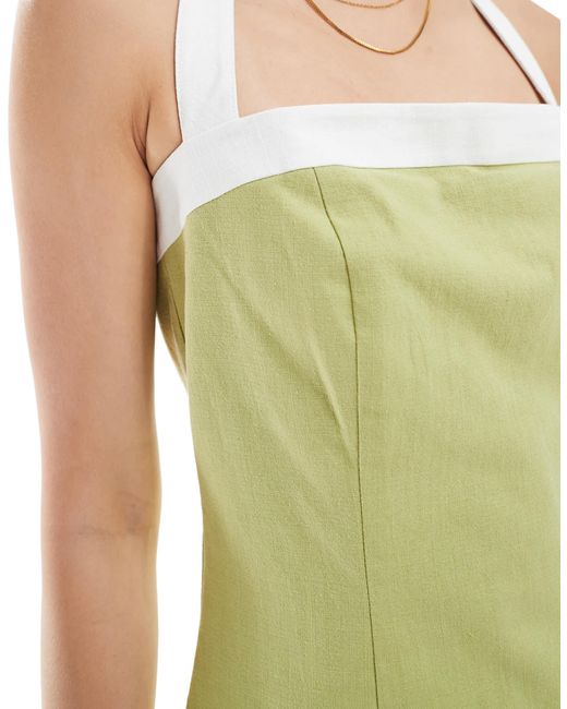 4th & Reckless Green Linen Look Contrast Edge Halterneck Mini Dress