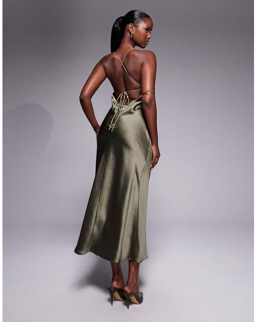 ASOS Green Satin Bias Cut Cami Midi Dress With Contrast Tie Detail