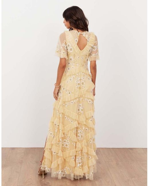 Maya Natural Embellished Angel Sleeve Ruffle Maxi Dress