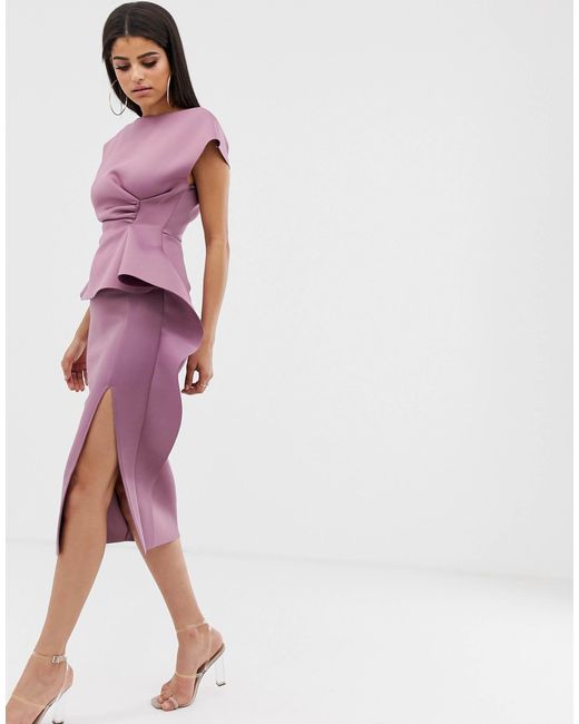 asos design peplum pencil midi dress with tuck detail