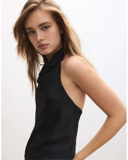 Stradivarius Black Satin Effect Halter Top