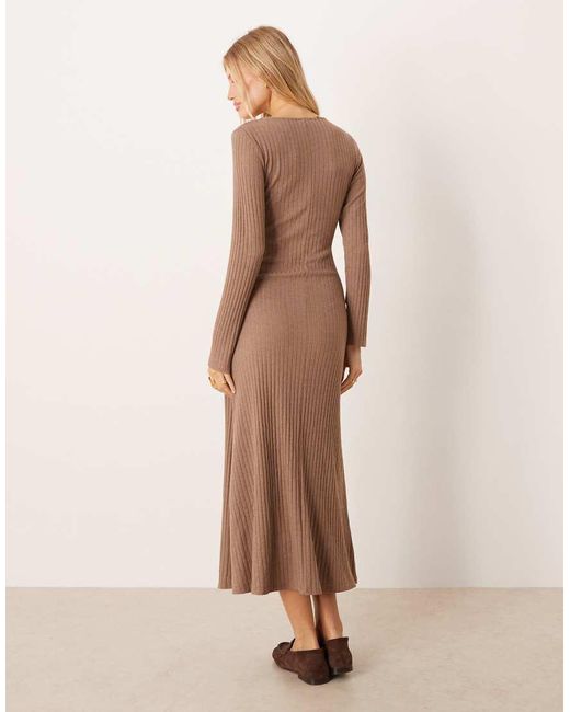 ASOS Natural Ribbed Long Sleeve Seam Detail Maxi Dress