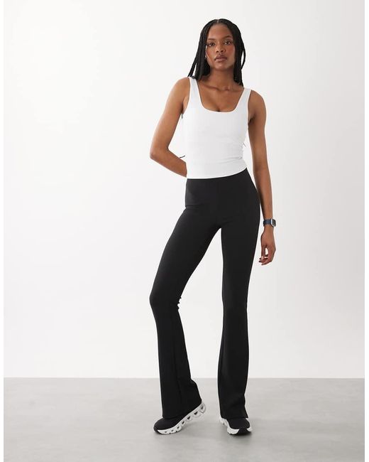 4505 Black Tall Micro Rib High Waist Slim Kick Yoga leggings With Side Slit