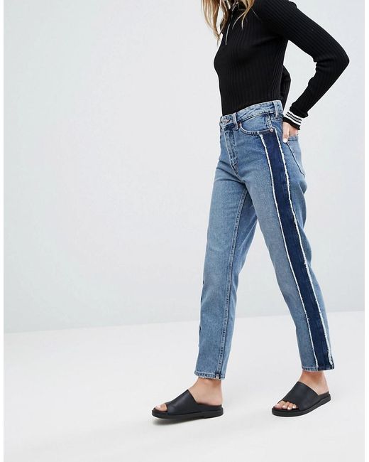 Monki Blue Side Stripe Tapered High Waist Jeans