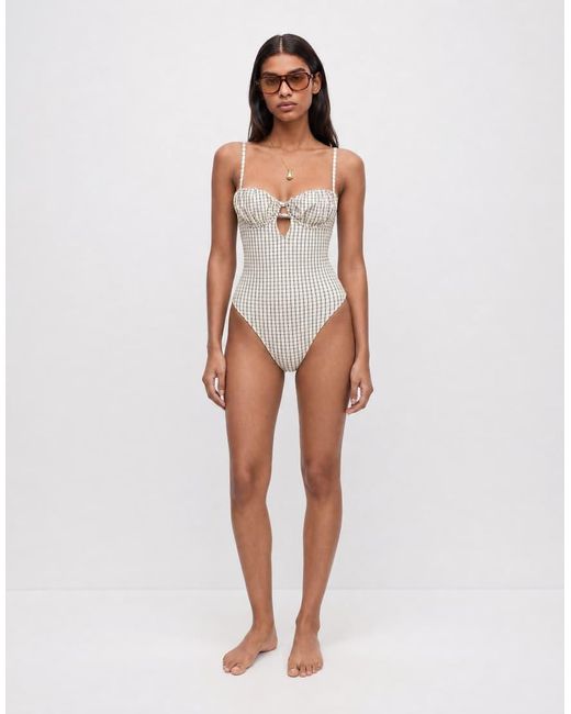 ASOS White Piper Paper Touch Plaid Ruched Balconette Swimsuit