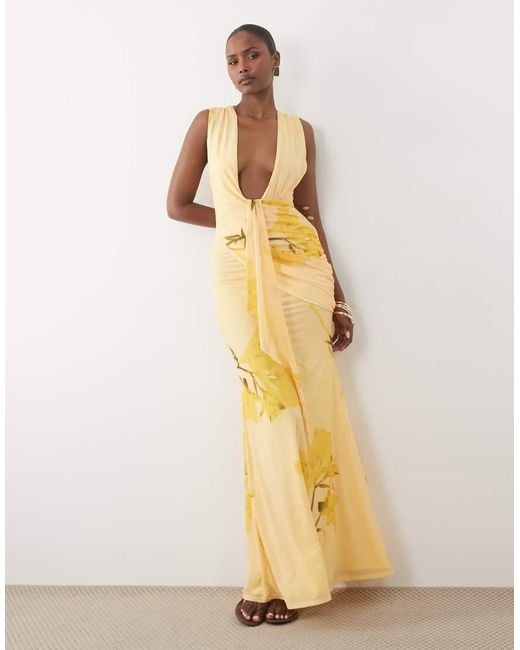 ASOS Natural Scarf Detail Plunge Draped Maxi Dress