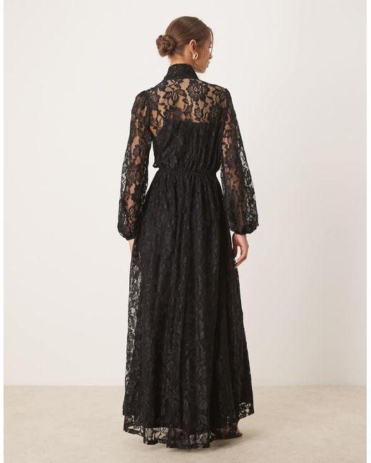 Maya Black Tie Neck Long Sleeve Lace Maxi Dress