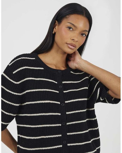 Brave Soul Black Striped Short Sleeve Fisherman Knit Cardigan