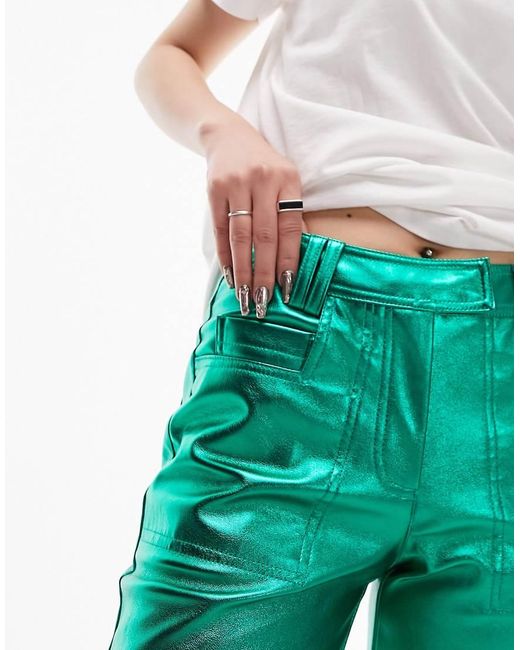 Topshop Unique Green Leather Low Rise Tab Waist Straight Leg Metallic Trouser