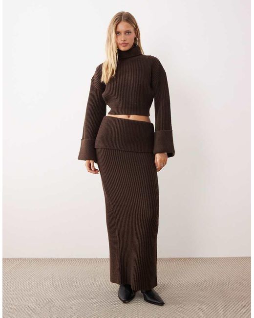 Wanderdoll Brown Mabel Wool Blend Knitted Fold Waist Maxi Skirt Co-ord