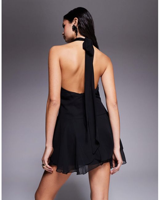 Fashionkilla Black Exclusive Chiffon Halterneck Foldover Detail Ruffle Skirt Mini Dress