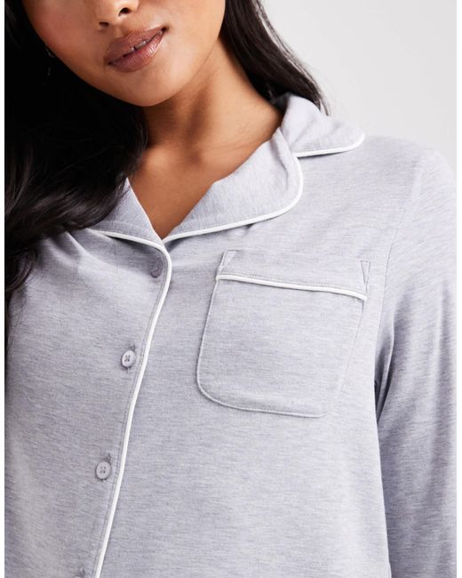 ASOS Gray Asos Design Petite Super Soft Long Sleeve Shirt & Pants Pyjama Set With Contrast Piping