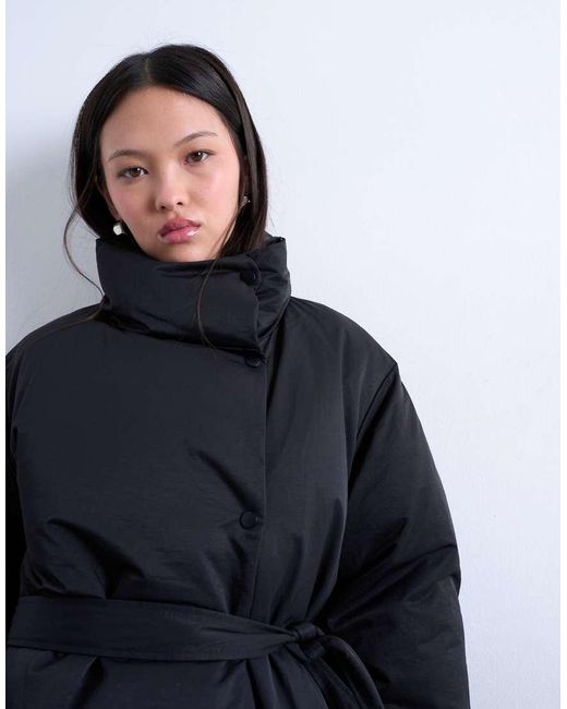 TOPSHOP Black Funnel Neck Longline Belted Puffer Jacket