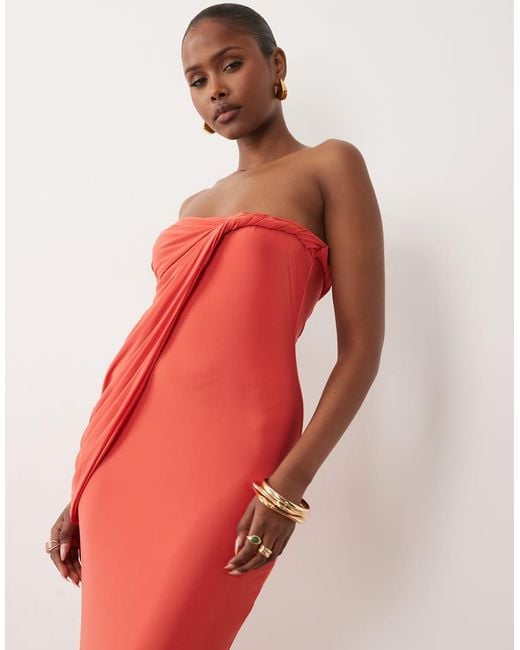 ASOS Red Bandeau Slinky Maxi Dress With Draped Twist Neckline