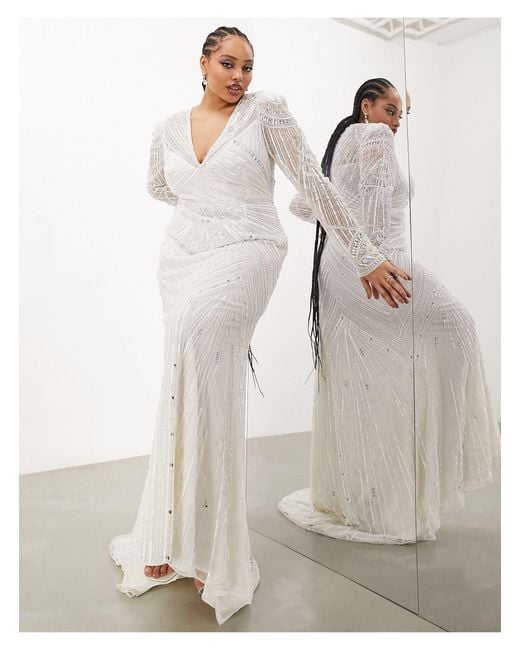 ASOS Natural Asos Design Curve Millie Long Sleeve Vintage Artwork Sequin And Bead Maxi Wedding Dress