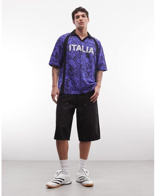 ASOS Purple Boxy Oversized Polo With All Over Print And Italy Football Graphic for men