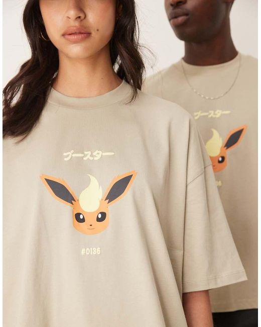 ASOS Uniseks Recht Oversized T-Shirt Met Pokémon Flareon-Print in het Natural