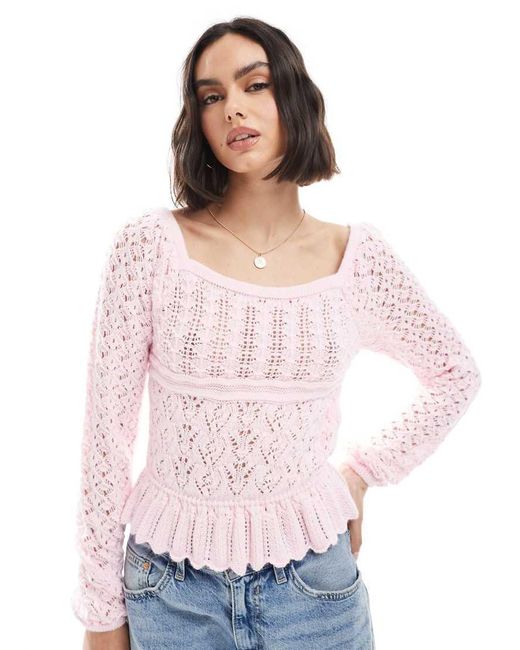 Miss Selfridge Pink Crochet Long Sleeve Peplum Knit Top