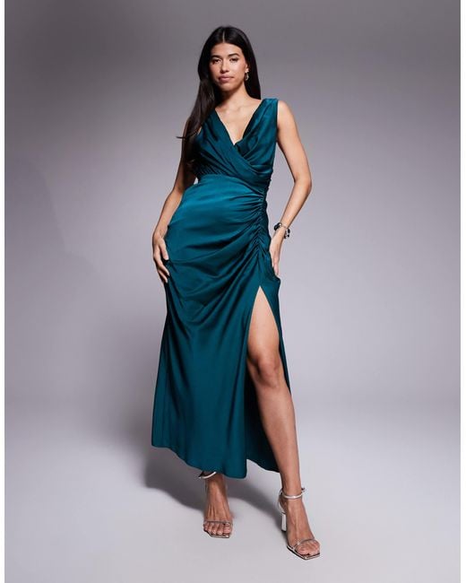 ASOS Blue Satin Drape Front Split Detail Maxi Dress