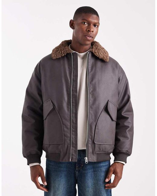 Chaqueta De Estilo Entrenador De Cuero Sintético Con Solapas De Borreguito De ASOS de hombre de color Brown