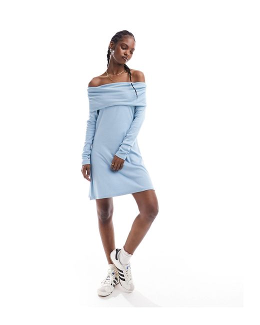 Monki Blue Jersey Mini Dress With Ruche Off Shoulder Detail