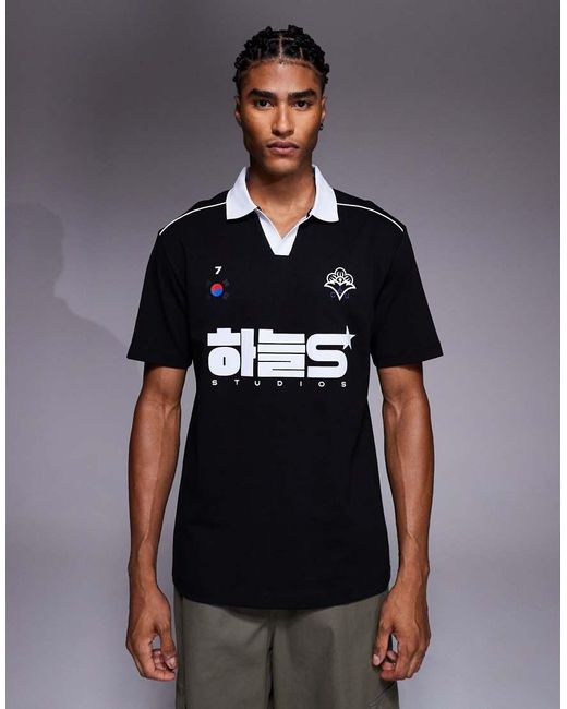 ASOS Blue Relaxed Polo With Piping Detail And Sports Graphic for men