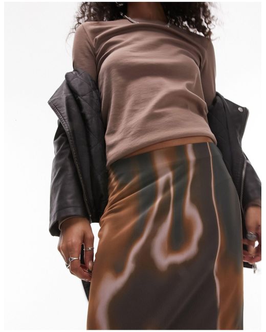TOPSHOP Brown Mesh Marble Printed Midi Skirt