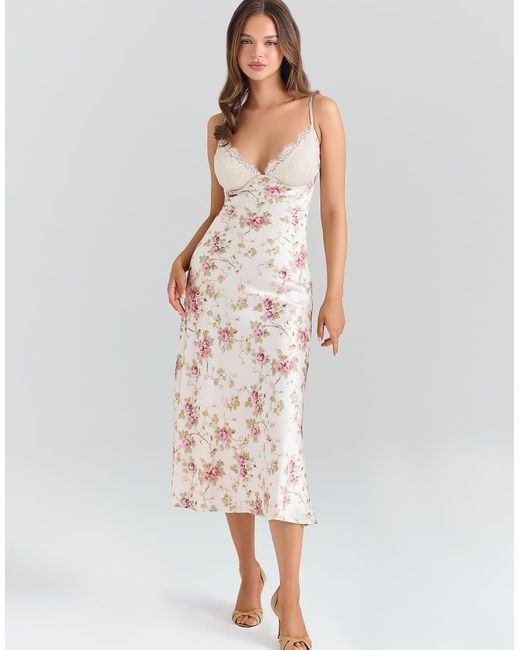 House Of Cb White Felicity Ivory Floral Print Satin Bias Cut Midi Dress