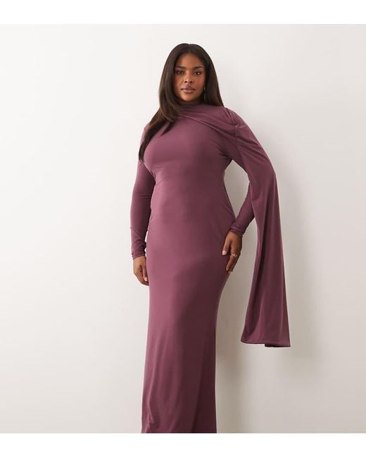 ASOS Red Asos Design Curve Slinky Long Sleeve Maxi Dress With Extreme Cape Shoulder Detail