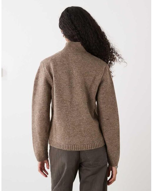 Reclaimed Vintage Brown Knit Zip Up With High Neck And toggles
