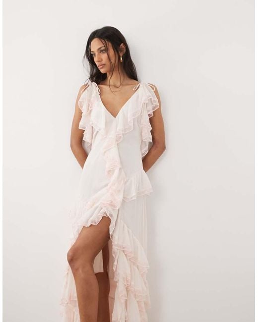 For Love & Lemons Pink Juniper Chiffon V-Neck Ruffle Tiered Maxi Dress