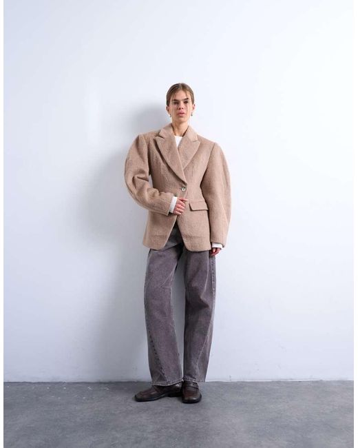 TOPSHOP Getailleerde Blazerjas Van Geborstelde Stof Met Bolle Mouwen in het Natural