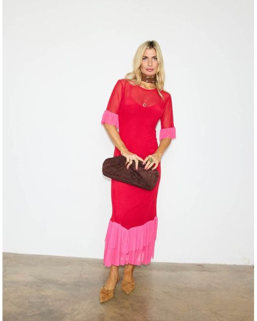 Never Fully Dressed Red Mesh Flutter Sleeve Ruffle Hem Midaxi Dress