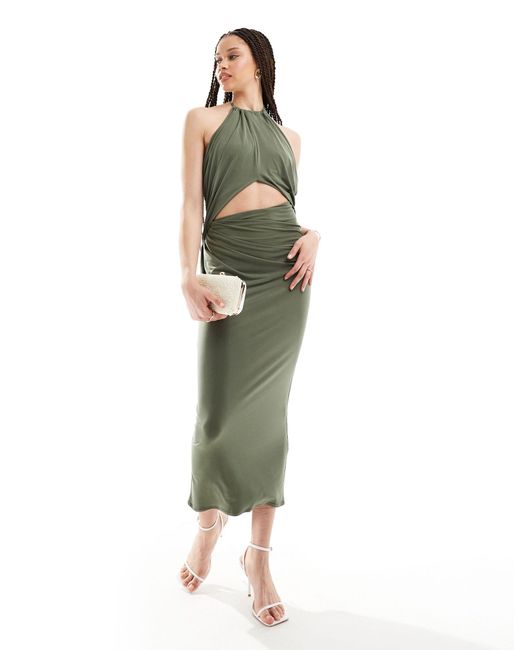 ASOS Green Asos Design Tall Halter Ruched Midi Dress With Central Cut Out Detail