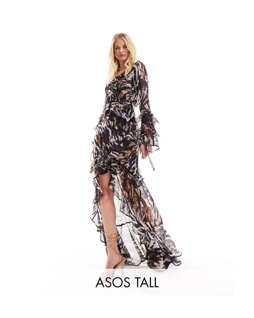 Asos design tall - robe longue à manches longues et imprimé animal avec volants et empiècements en dentelle ASOS en coloris White