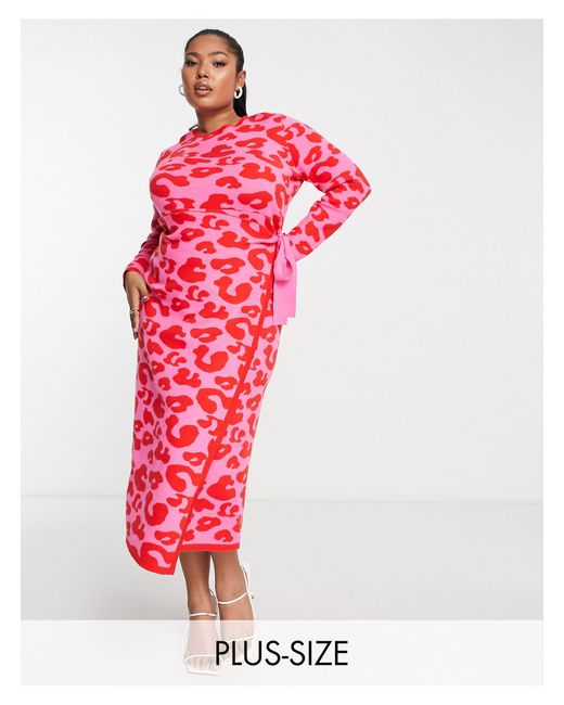 Never Fully Dressed Red Leopard Knitted Wrap Midi Dress