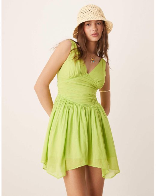 ASOS Green V Neck Mini Dress With Hanky Hem