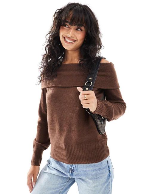 Threadbare Brown Off Shoulder Jumper