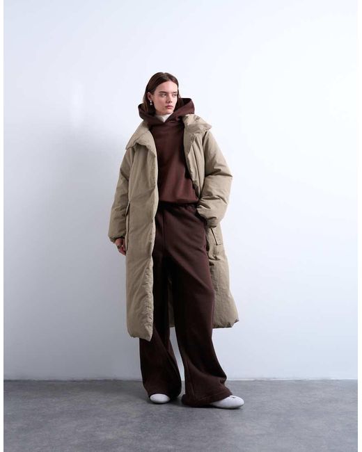 TOPSHOP Natural Funnel Neck Longline Belted Puffer Jacket